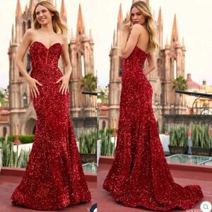 Sherri Hill Dress Red SequinMermaid Gown Corset